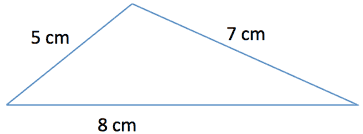 Diagram of a triangle with measurements of 8 cm by 7 cm by 5 cm