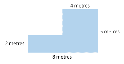 Diagram shows a polygon with all internal angles right angles in the shape of an L 