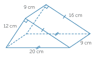 Triangular prism. Base is a triangle with sides 12 cm, 16 cm and 20 cm. Length is 9 cm