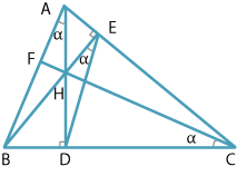 Triangle ABC with AD the altitude perpendicular to BC, BE the altitude perpendicular to AC and l AD meets BE at H.