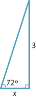 Right angle triangle, adjacent labelled as x, opposite marked as 3, angle created by the adjacent and hypotenuse marked as 72 degrees.