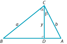 Triangle ABC, AC = b, BC = a. D is a point on AB such that CD is perpendicular to AB. CD = y. Angle BCD = alpha and angle ACD = beta.
