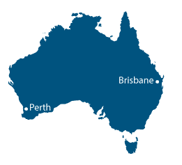 A map of Australia with Perth and Brisbane marked with a dot.