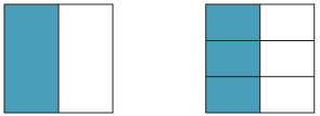 Two squares, left square half shaded, right square 3/6 shaded