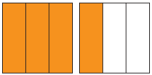 Two  squares both divided into thirds. Left square shaded and right square with 1/3rd shaded.