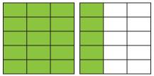 Two squares both divided into 1/15ths. Left square shaded and right square with 1/3rd shaded.