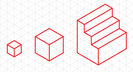Three drawings on isometric paper. From left to right, a small cube, a larger cube, a set of stairs