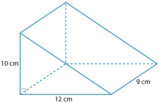 Triangular prism, triangle base 12 cm , height 10 cm, prism height 9 cm.
