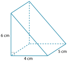Triangular prism, triangle base 4 cm, height 6 cm, prism height 5 cm.