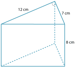 Triangular prism, triangle base 12 cm , height 7 cm, prism height 8 cm.