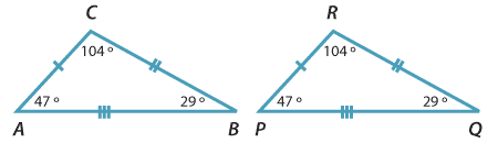 Two triangles ABC and PRQ with matching angles equal and matching sides equal.