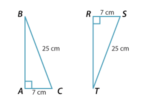 Right-angled triangles ABC and RTS with AC = RS = 7cm and BC = ST = 25cm.
