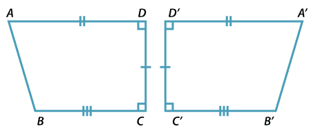 Two identical quadrilaterals ABCD and A′B′C′D′. One is the reflection of the other.