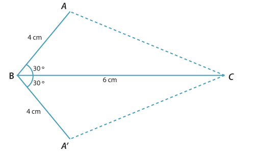 Triangles ABC and A′BC with common side BC. Angle at C is 30 degree in each of the triangles, BC = 6cm and BA = BA′ = 4cm.