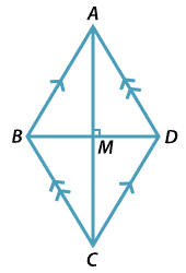 Rhombus ABCD with diagonals AC and BD intersecting at right angles at M.