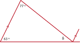 Pair of parallel lines with two transversals making a triangle with interior angles marked 63 degrees, 77 degrees and delta