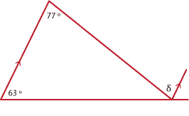 Pair of parallel lines with two transversals making a riangle with two interior angles marked 63 degrees, 77 degrees.