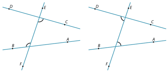 Two diagrams. Both have a pair of lines AB and CD cut by a transversal EF.