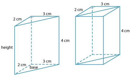 A triangular prism, and a rectangular prism made up of two joined triangular prisms.