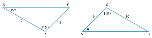 Two similar triangles: triangle DEF and triangle IHG.